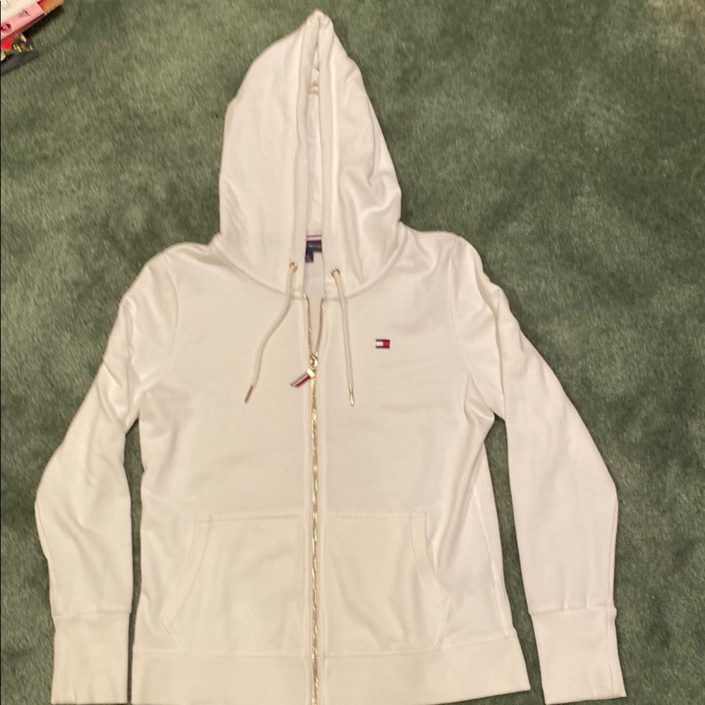 Tommy Hilfiger White Casual Gold Zip Hoodie- S - Picture 2 of 9